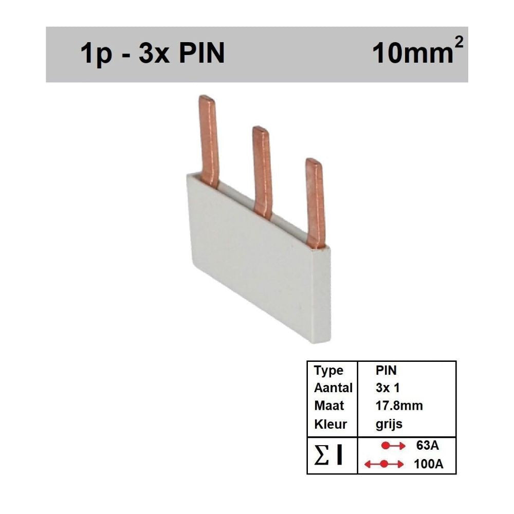 Kamrail pin 3x 1polig 1fase 17,8mm grijs SEP