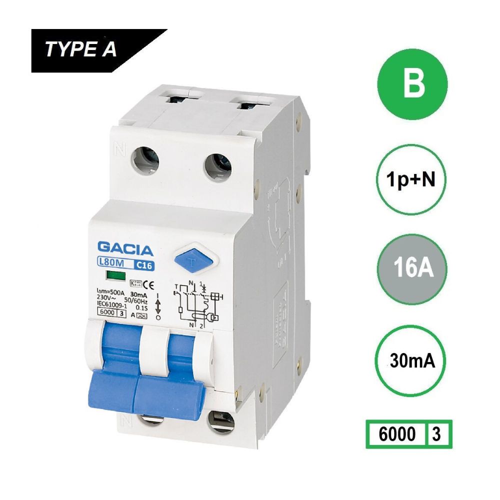 L80M-B16 Al.aut. 1p+n B16A 30mA 6kA Gacia