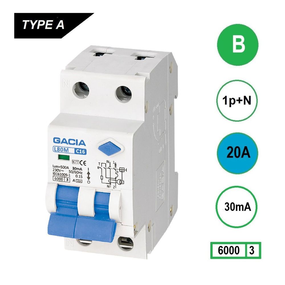 L80M-B20 Al.aut. 1p+n B20A 30mA 6kA Gacia