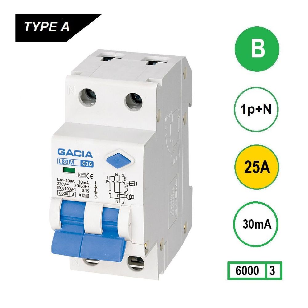 L80M-B25 Al.aut. 1p+n B25A 30mA 6kA Gacia