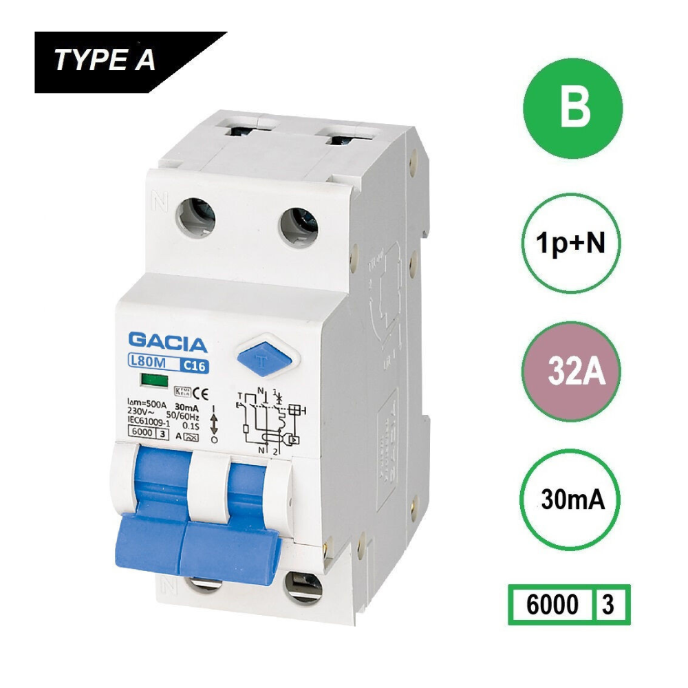 L80M-B32 Al.aut. 1p+n B32A 30mA 6kA Gacia