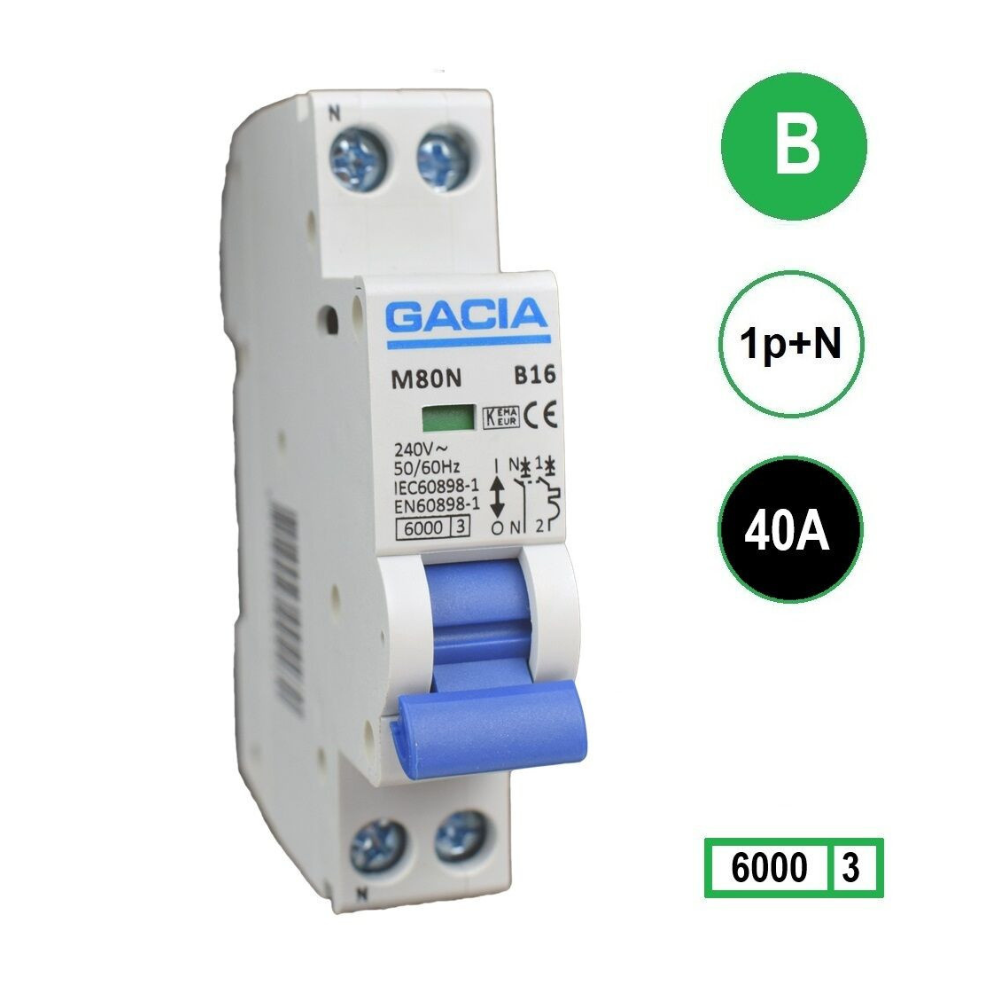 M80N-B40 inst 1p+n B40 6kA (18mm) Gacia