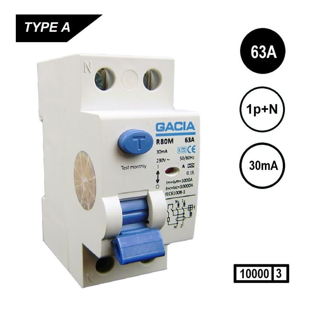 R80M-6320 Als 2p 63Amp 30mA 10kA Gacia