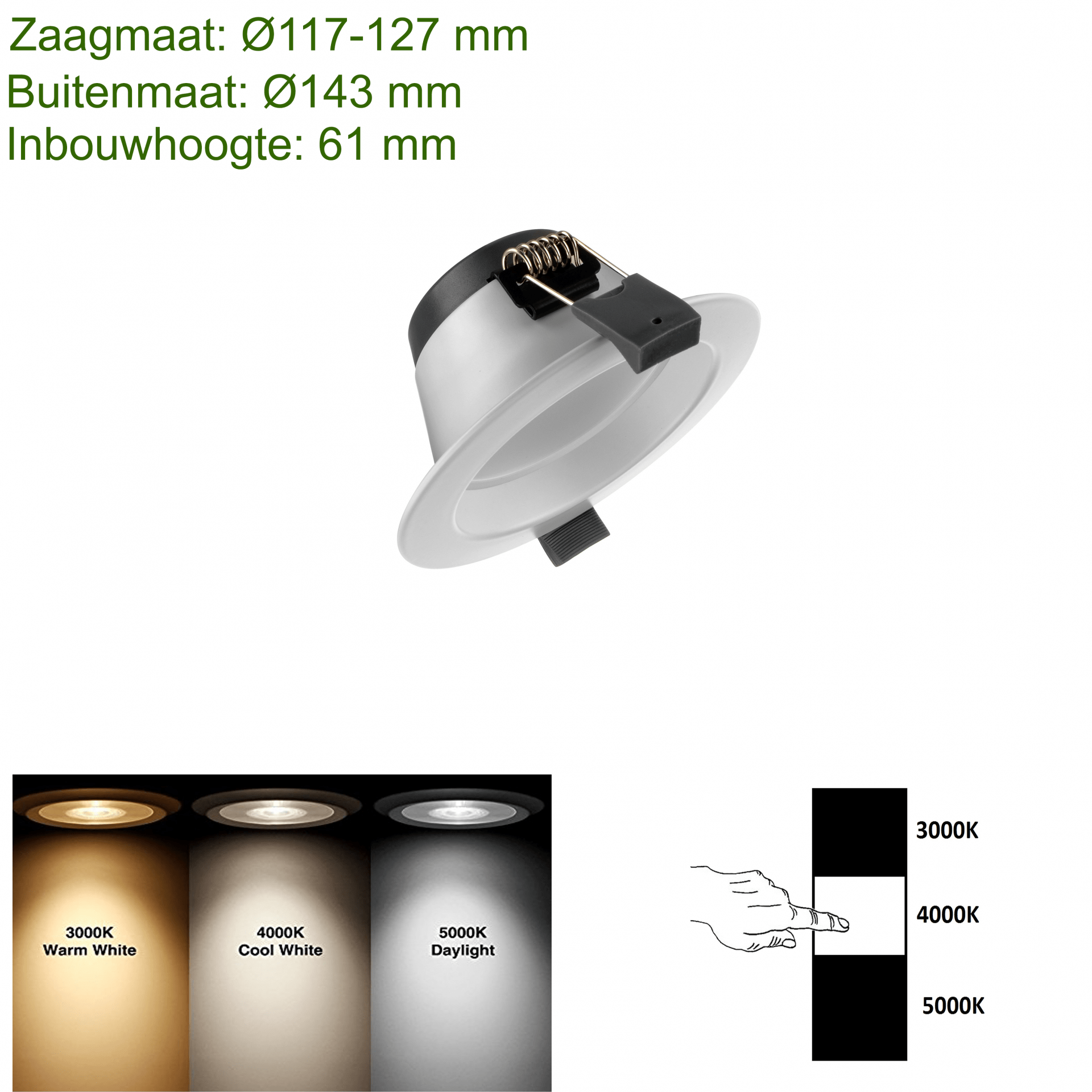 Led downlighter wit verdiept 12W 143mm IP22 dimbaar CCT zaagmaat 120mm